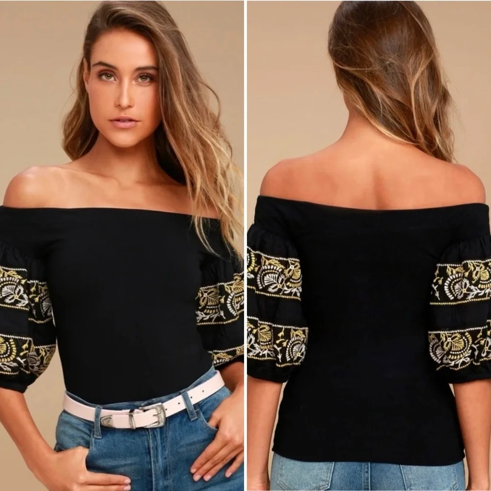 Free People Rock With It Off-Shoulder Embroidered Puff Sleeve Top Boho Size S
